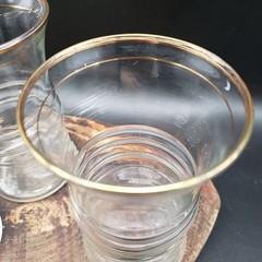 Vintage Anchor Hocking 3328 Gold Band Flat Tumbler Glasses Set of 4 Ribbed 9 oz