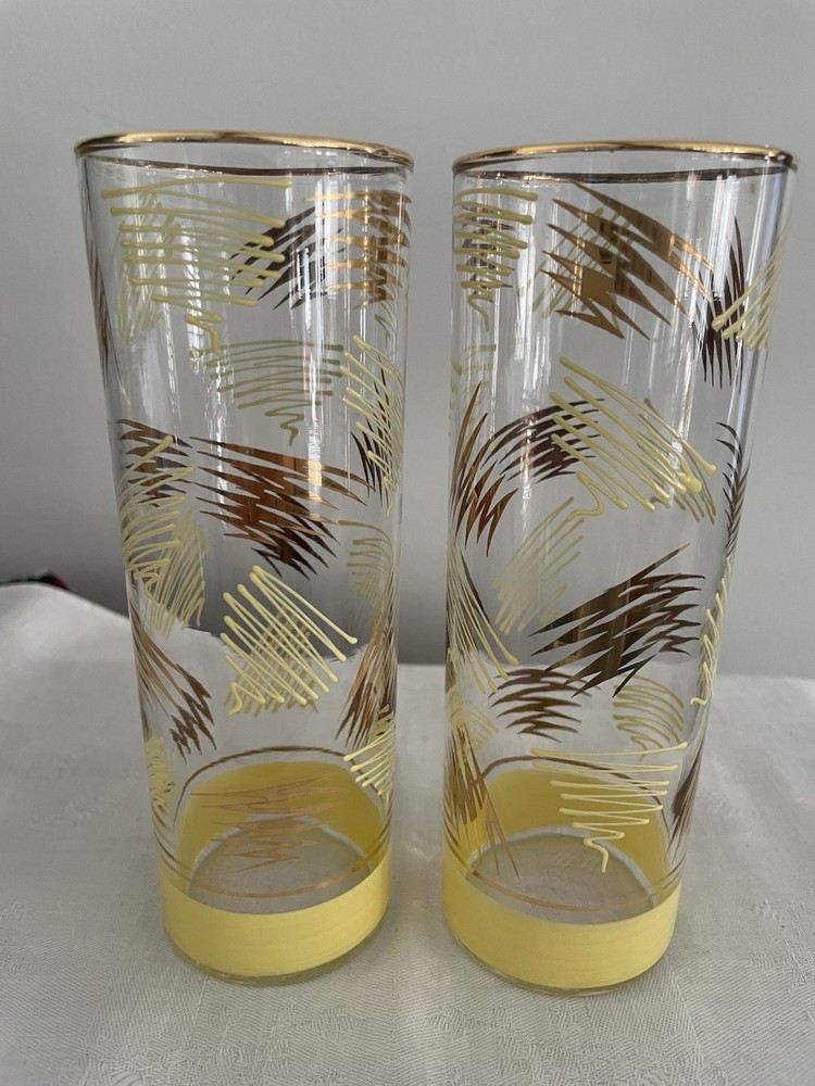 2 Federal Glass Yellow Gold Zig Zag Squiggle Tom Collins 6.75”H Glasses Scarce