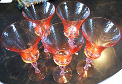 Vtg Set 5 TIFFIN FRANCISCAN Water Goblet Glasses PINK SWIRL OPTIC 8.75″ 15022