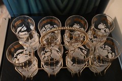 8 VTG Federal WH Painted Fruit goldtrim Glasses Tumblers&Caddy wire Gold handle