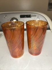 2 Jeannette Marigold Carnival Iridescent SWIRL Ice Tea Glass Tumblers 5”