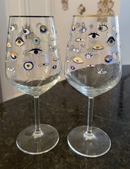 (2) ANTHROPOLOGIE Rakle Watchful Eyes Wine Glasses~Black & Gold Rims~8.5″~