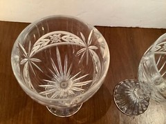 Lot of 2 Vintage Pressed Cut Glass Stemmed Wine Goblets Stars Florals 7″ & 6 1/2
