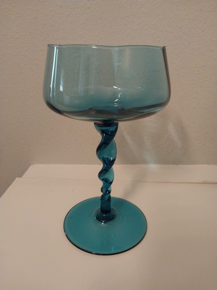Vintage Mid Century Modern Empoli Glass Twist Stem Blue 7.5 Inches Tall