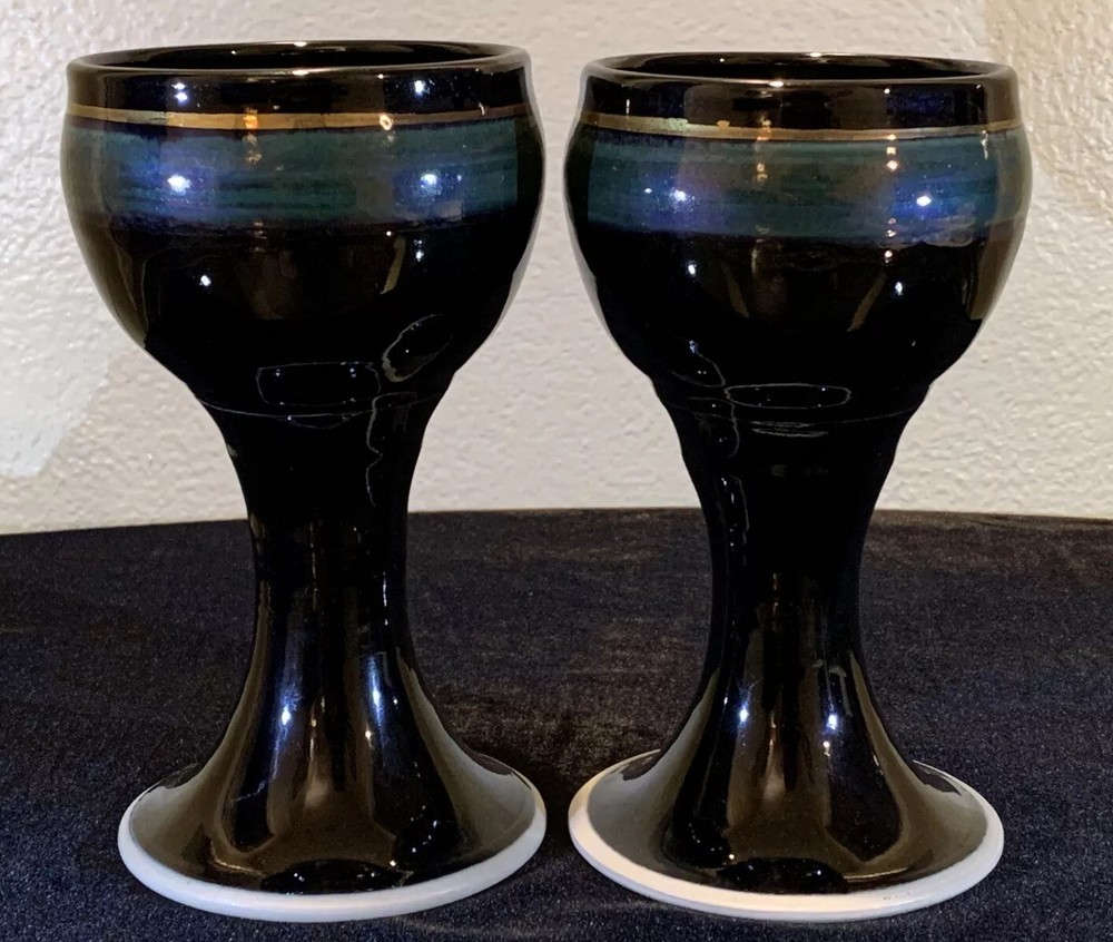 Pair Of Studio Art Pottery Goblets Chalices Clay Stoneware Black Blue Signed