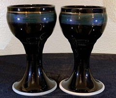 Pair Of Studio Art Pottery Goblets Chalices Clay Stoneware Black Blue Signed