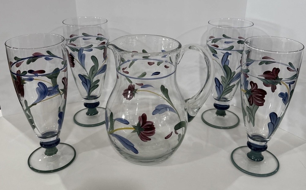 EXCELLENT Lenox POPPIES ON BLUE Pitcher and 4 Beverage Glasses.