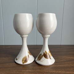Pair Studio Pottery Wine Goblets Vintage Yellow Flower Set Of 2 Wine Glasses