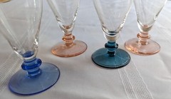 VINTAGE LOT OF 4 GLASS GOBLETS ~ MULTI COLORED STEM BASE CHAMPAGNE WINE PARFAIT