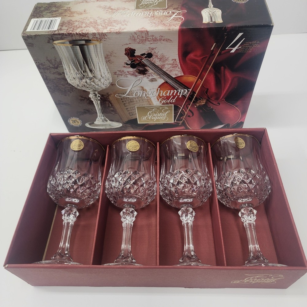 CRISTAL D’ARQUES LONGCHAMP CRYSTAL WINE GLASSES GOLD TRIM 7.5 oz. Set Of 4