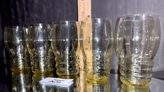 5 Yellow Glass Paneled Ringed Juice Barware Tumblers Vintage MCM
