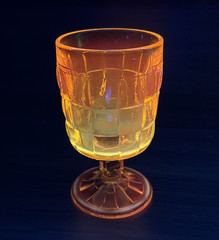 Viking Basket Weave Water Goblet 7″ Yellow Cadmium Glass Orange UV Reactive Glow