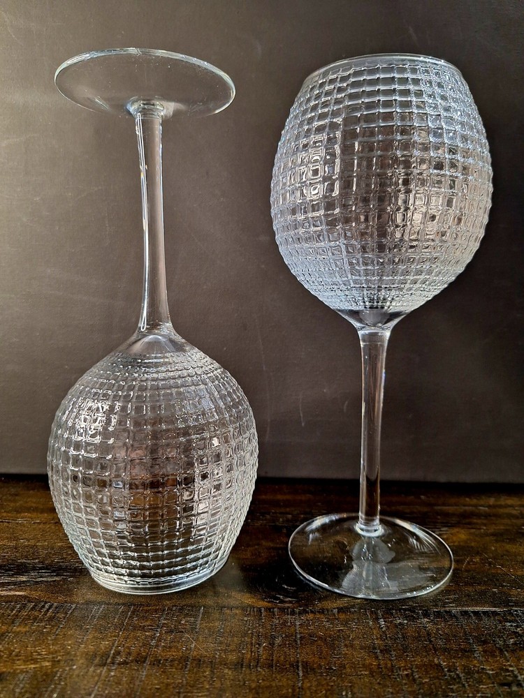 Mid Century Clear Cut Wine Goblet Vertical And Horizontal Design (Set Of 2) 9″H