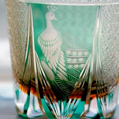 Whisky Glass Japan Style Cut Crystal Edo Kiriko Glass Tumbler Green Peacock 11oz