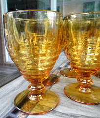 Set of 6 Paden City #991 PENNY Behive Art Glass Amber Low Water Goblets 9 oz