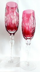 2 pc AJKA CRYSTAL MARSALA CHAMPAGNE FLUTE grape pattern raspberry lead crystal