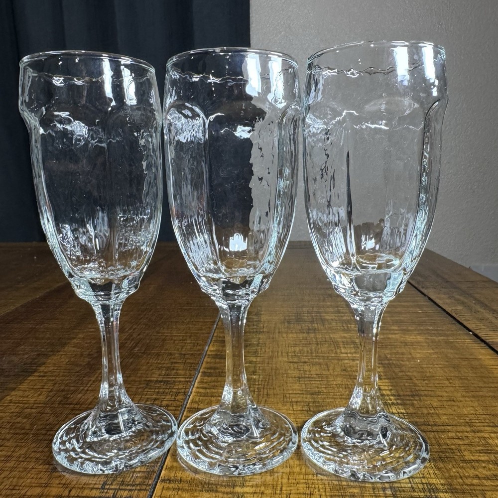 Vintage Libbey 6.75” Chivalry Clear Textured Glass Champagne Flutes Set of 3