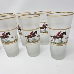 Set 7 Frosted Highball Glasses Horse Jockey Hunt Scene Gold Rim Vintage