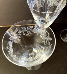 Fostoria Burgundy Stem 6092 Crystal Etched 7” Wine Glasses Cut 878 1960’s Goblet