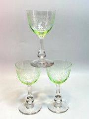 3 Antique French St.Louis Crystal Vaseline Uranium Etched Glass Cup Wine Goblets