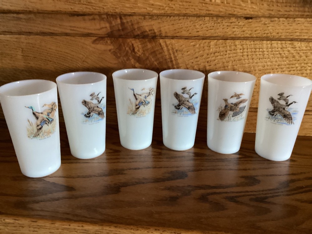 Vintage Set of 6 Fire King Game Bird Milk Glasses Duck, Grouse, Pheasant, MCM