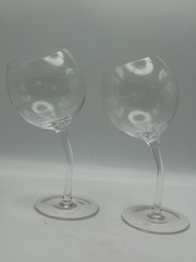 Dorni & Thomas Bent Stem Wine Glasses. Set Of Two With Etched Phrase.