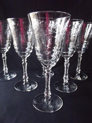 6 VINTAGE ROCK SHARPE «ARCTIC ROSE» ETCHED CRYSTAL WATER GOBLETS 7-7/8″ T