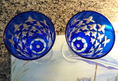 (2) Bohemian Glass Cobalt Blue Cut to Clear LARGE Iced Beverage Goblets