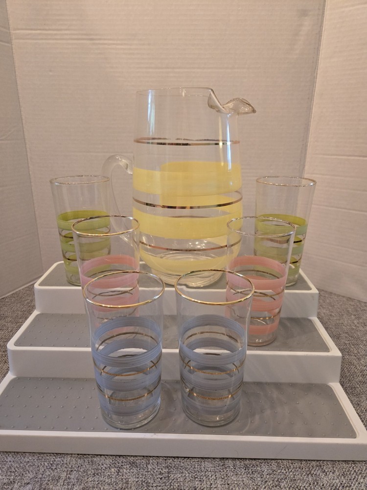 Vintage MCM Frosted Pastel Striped Pitcher And Glass Set – Retro 1950s Gilded