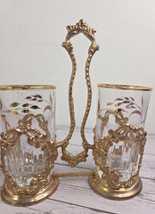 Gold Tone Cordial Glasses Ornate Caddy Set Barware Mismatched Design VTG