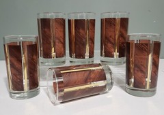 6 Libbey Woodgrain & Gold Accent Bars Highball 5″ Glass Tumblers MCM LRS54