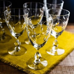 Vintage Set 5 TIFFIN FRANCISCAN PETITE Cut Leaf Crystal Water Goblets FANCY STEM