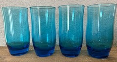4 Vtg ANCHOR HOCKING Turquoise FLAIR Electric BLUE Laser TUMBLERS Glasses SET