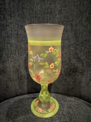 Hand-Painted Frosted Glass Goblet 8” Tall Floral Vines Berries Artisan
