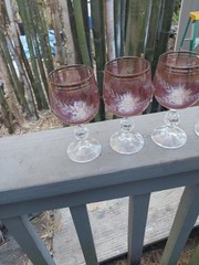 Six 6 Purple Cranberry Engraved Floral Cut to Clear Wine Glasses Goblets Vintage