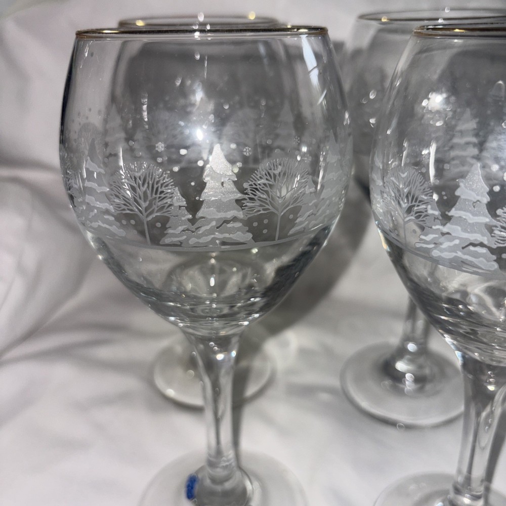 4 Vintage Arby’s Christmas Wine Goblet Glasses Winter Scene Snow Trees Gold Rims