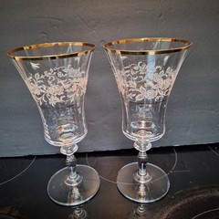 Mikasa Antique Lace Set 2 Iced Tea Water Goblets 8″ Floral Gold Trim Vtg 1990s