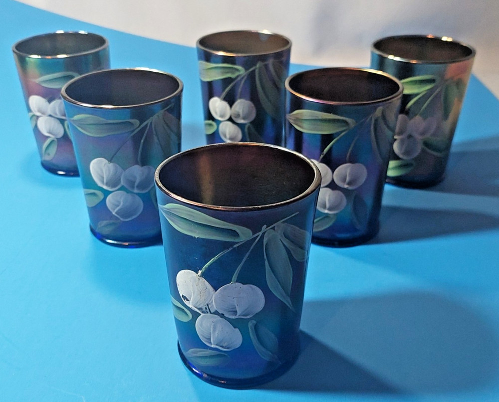 Antique Northwood Carnival Glass Tumbler Cobalt Blue Cherries
