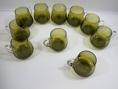 Set 10 Kumela Riihimaki Finland Olive Green Art Glass Mugs Sirkku Kumela MCM