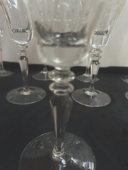 VTG 50s HAND CUT PANEL ETCHED KNOB STEM 9”H WINE SHERRY GLASSES SET OF 11 READ