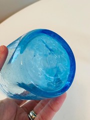 Vintage Blue Crackle Glass Indent Pinched Mid Century Art Glass Tumbler Set of 2