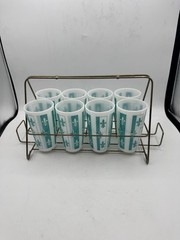 Hazel Atlas Fleur De Lis Turquoise Blue Tumbler Set, 1950s With Carrier