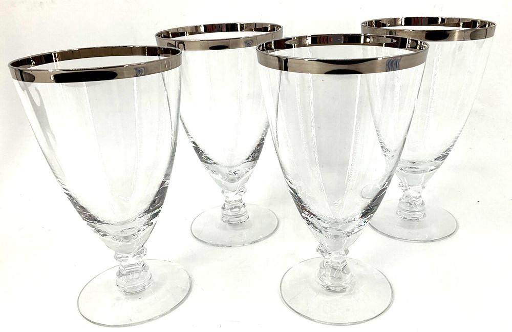 FOSTORIA CRYSTAL STEMWARE WEDDING RING SILVER RIM Ice Tea Goblets Set of 4 EUC