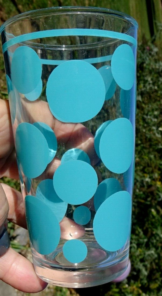 Vintage Hazel Atlas Turquoise Large Polka Dot Drinking Glass 5” Nice