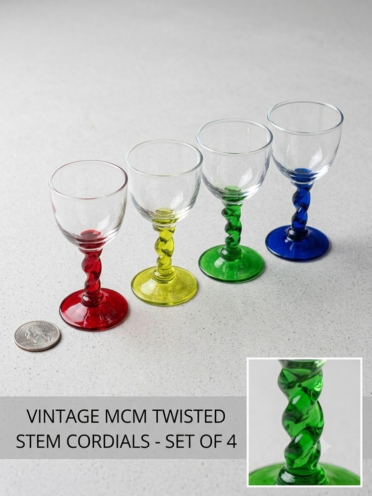 Vintage Set of 4 Multi Color Twist Spiral Stem Cordial Glasses Shot Glasses MCM