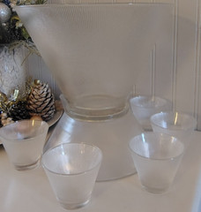 VTG Federal Glass Norse Ribbed Punch Bowl & Stand- MCM Party 6 Ribbed Glasses