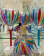 CC ZECCHIN MURANO Wine Glass, multi color 8-7/8” Tal, 4 pcs