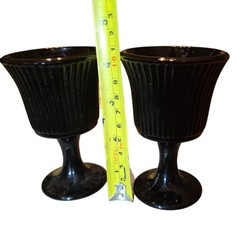 2 Vtg MCM Black Amethyst Ribbed Candle Holders or Wine Goblets Pedestal Purple