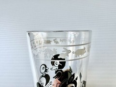 Vtg Kraft Foods “Swanky Swigs” Juice Glass Black Animal Toys Graphics 3.75” MCM