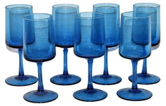 7 Peedee Italy Mid Century Modern Blue Blown Glass Wine Juice Goblets 6 1/8″